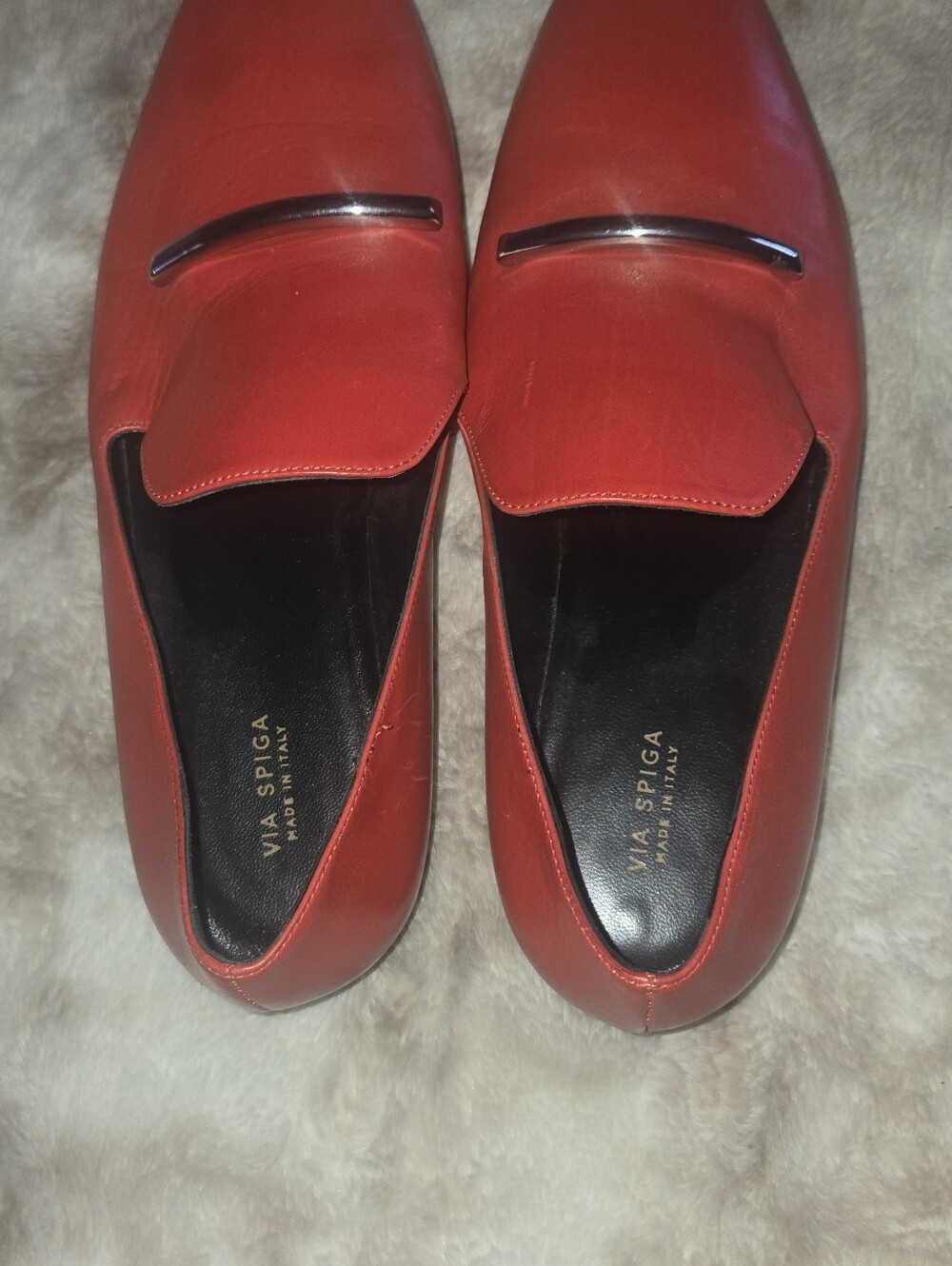 Via Spiga Red Leather Slip-On Loafers with Silver Bit